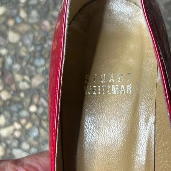 Stuart Weitzman Linda Metallic Red Quasar Patent Leather Peep Toe Stilettos - Picture 4 of 10